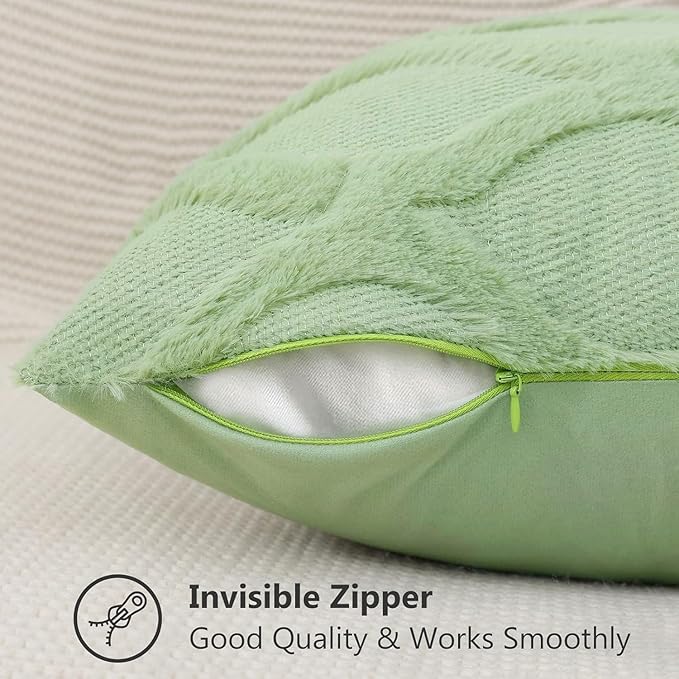 decorUhome Spring Throw Pillow Covers 16x16 Inch Set of 2, Soft Plush Faux Fur Wool Sage Green Couch Pillow Covers, Decorative Neutral Pillow Cases for Bed Sofa Living Room Home Decor
