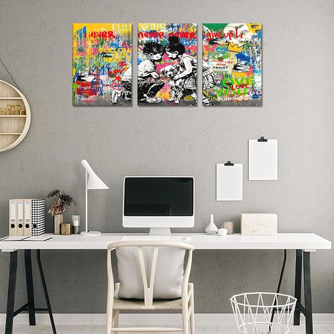 Novatique Street Graffiti Wall Art Banksy Canvas Wall Art Boy and Girl Street Art Print Modern Graffiti Art Abstract Painting Pop Art Wall Decor for Bedroom Living Room, 12”x 16”x 3Pcs