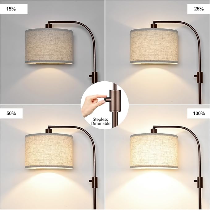 Upgraded Dimmable Floor Lamp, 1200 Lumens LED Bulb Included, Bronw Arc Floor Lamp with Linen Shade for Living Room, Bedroom, Reading Room, Nursery