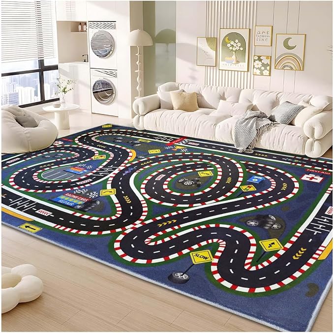 Kids Rug,Children's Room Rug,Road Race Play Rugs, Rail City Living Rugs, Washable Non-Slip Play Mats. (Dark Blue, 47x71in)