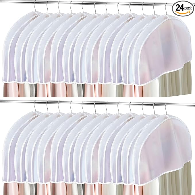 24PCS Garment Covers For Hanging Clothes, Shoulder Covers For Hanging Clothes, Dust Covers For Hanging Clothes, Suit Covers For Closet, Plastic Covers For Clothes, With 2" Gusset, 24''W X 12"H X 2''D