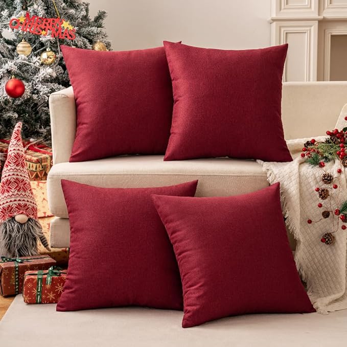 MIULEE Pack of 2 Decorative Outdoor Solid Waterproof Throw Pillow Covers Christmas Faux Linen Garden Farmhouse Cushion Cases for Patio Tent Balcony Couch Sofa 18x18 Inch Wine Red