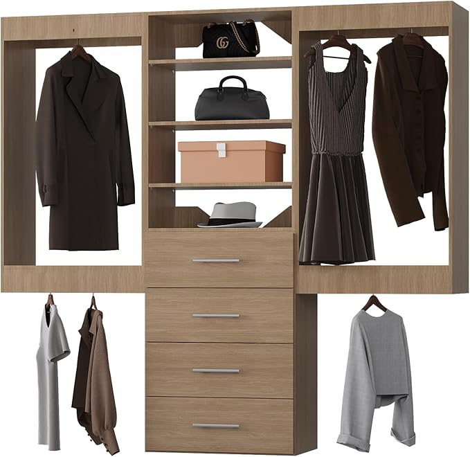 Modular Closet, 66" Wide Organizer With Hanging and Drawers, Wood Tower for Walk-In Closets, Wall-Mounted Wardrobe Organizer