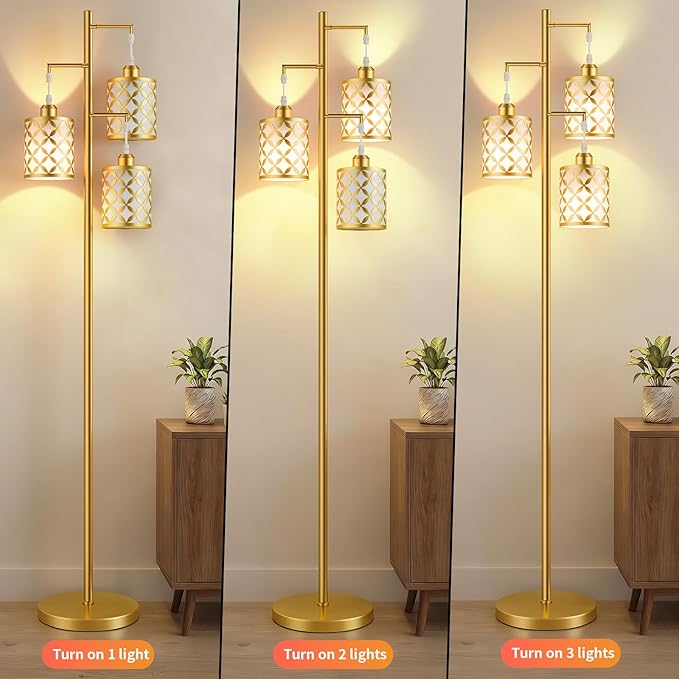 New Upgraded 72" Tall Dimmable Floor Lamp, 3 x 800LM 9W LED Bulbs Included, Farmhouse Standing Lamp with Remote Control, Industrial Tree Pole Floor Lamps for Living Room, Bedroom, Study Room - Gold