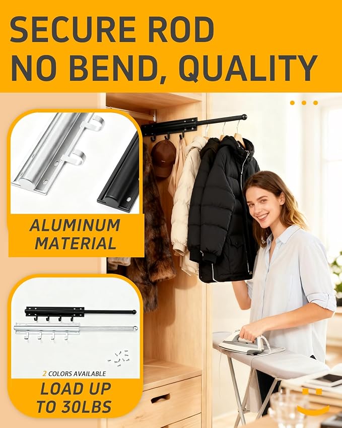 12 in Valet Rod for Closet Pull Out – Closet Valet Rod Slide Out, Heavy Duty with 4 Hooks, for Hanging Clothes/Hats/Belts & Closet/Laundry Room Organization – Black
