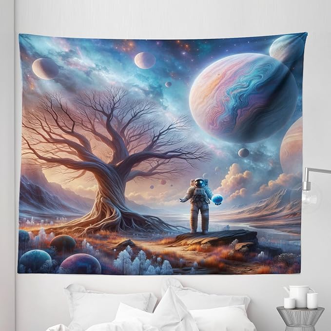 Ambesonne Space Tapestry King Size, Lonely Astronaut in a Surreal Planet Pastel Celestial Forms Dried Tree, Wall Hanging Bedspread Bed Cover Wall Decor, 104" X 88", Blue Pale Orange Mauve