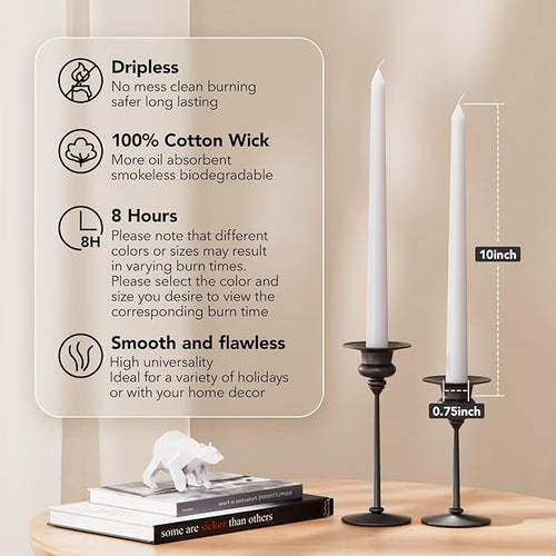 10-Inch Tall Dripless Taper Candles Set of 4 - White Tapered Candles, Perfect for Wedding,Dinner - Smokeless, Unscented, Long Burning - Hand Poured, Colored Tall Candlesticks - Blancas