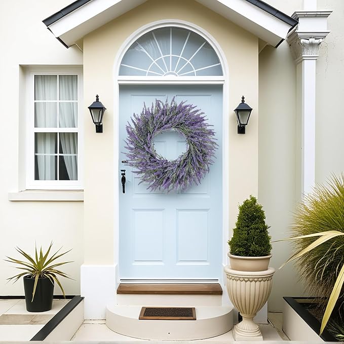 22 Inch Summer Spring Wreaths for Front Door Romance Lavender Wreath, Elegant Artificial Front Door Wreath for All Season Spring Decorations for Home Wall Entryway Farmhouse Porch Room Decor