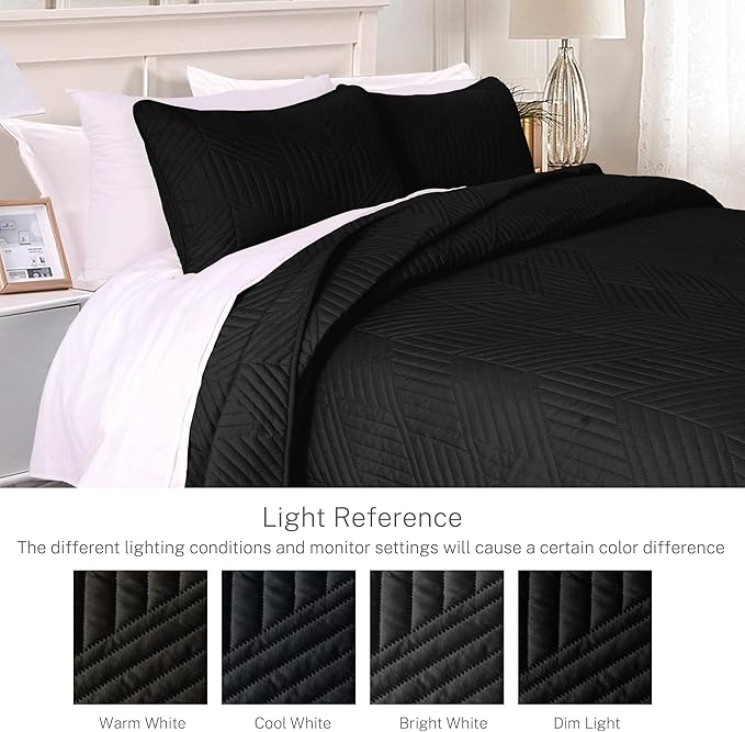 Exclusivo Mezcla Ultrasonic Twin Quilt Bedding Set, Lightweight Black Bedspreads Soft Modern Geometric Coverlet Set for All Seasons (1 Quilt and 1 Pillow Sham)