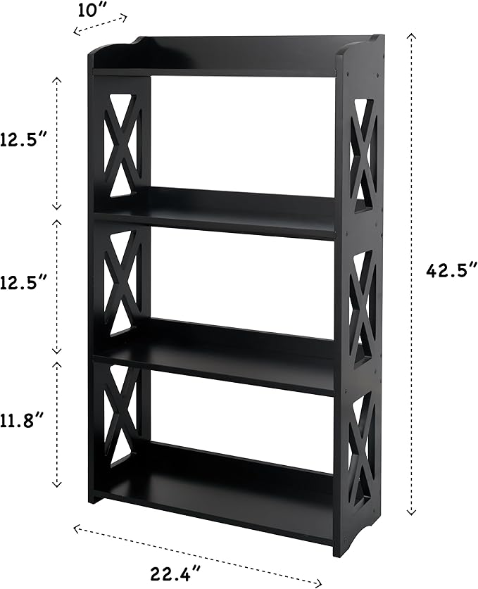 Black Bookcase by Natural Wood, 4 Tier Bookshelf, Small Book Shelves Freestanding Display Storage Shelves. Open Bookshelf for Bedroom, Living Room and Office (Black, 4 Tier)