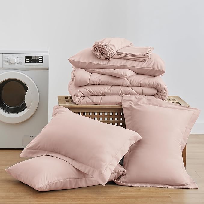Love's cabin King Size Comforter Set Pink, 7 Pieces King Bed in a Bag, All Season Bedding Sets with 1 Comforter, 1 Flat Sheet, 1 Fitted Sheet, 2 Pillowcase and 2 Pillow Sham