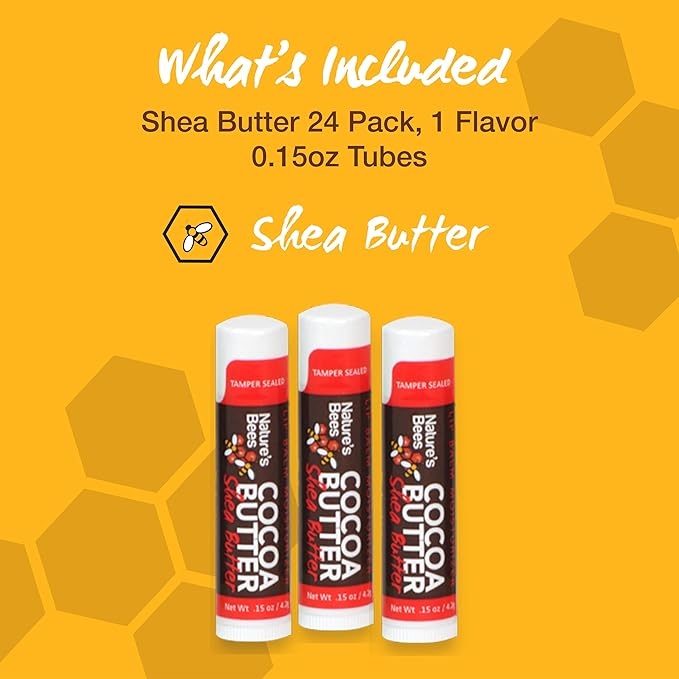Nature's Bees Cocoa Butter Lip Balm, Shea Butter Flavor, Hydrating Lip Care for Dry Lips, Made in the USA with Coconut Oil, Beeswax, Vitamin E, & Aloe, 0.15 oz Each, 24 Pack - Packaging May Vary
