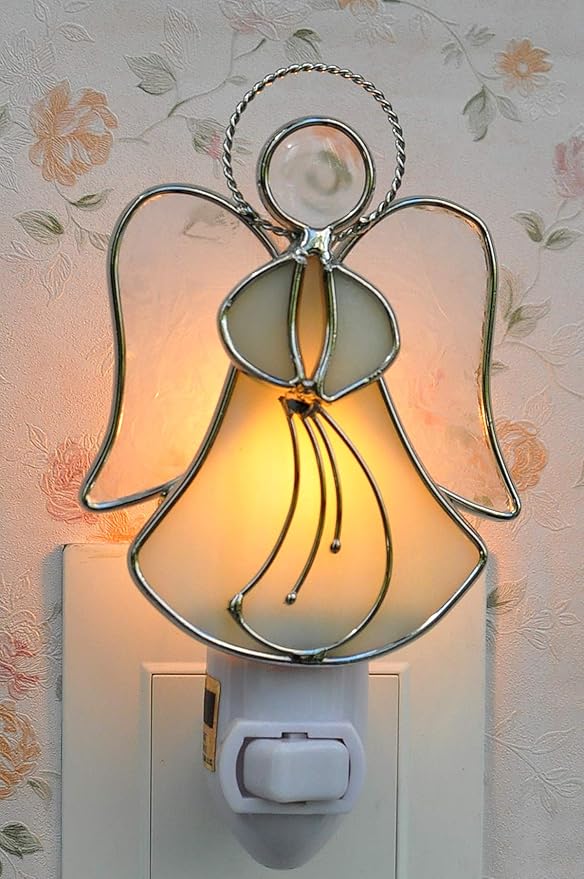 Stained Glass Angel Night Light Decorative Accent Lite Wall Plug in Nightlight for Hallway Bedroom Bathroom Kitchen Nature Themed Home Décor