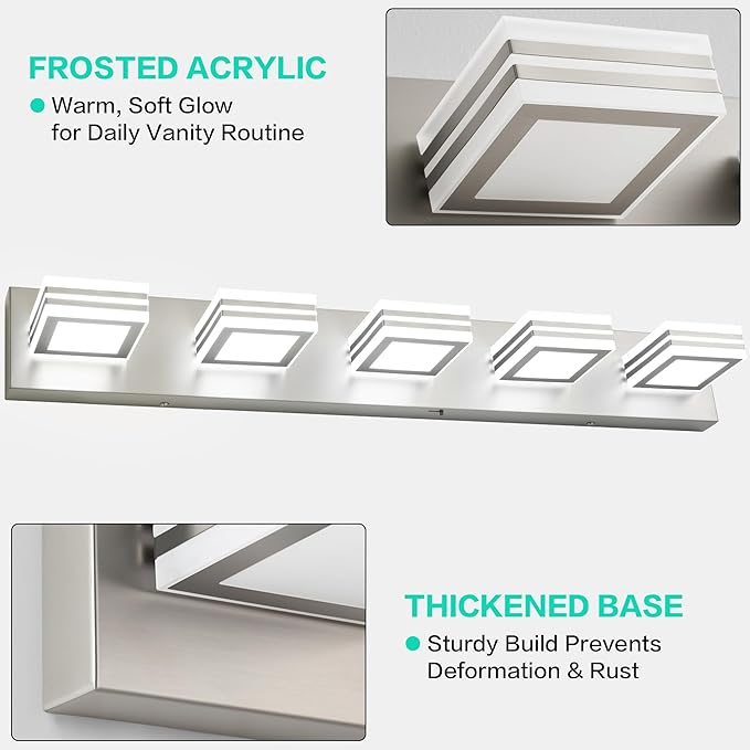 SOLFART LED Bathroom Lighting Fixtures - 5 Lights Modern Brushed Nickel Acrylic Vanity Lights for Mirror 32inch 24W 5CCT