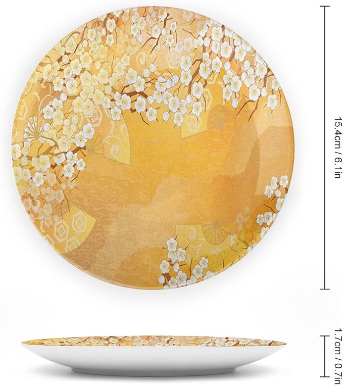 Decorative Plates, Asian Print Ornament, Japanese Cherry Blossom Tree Branches, 6 Inch, Kitchen Wall Decor, Marigold Cream
