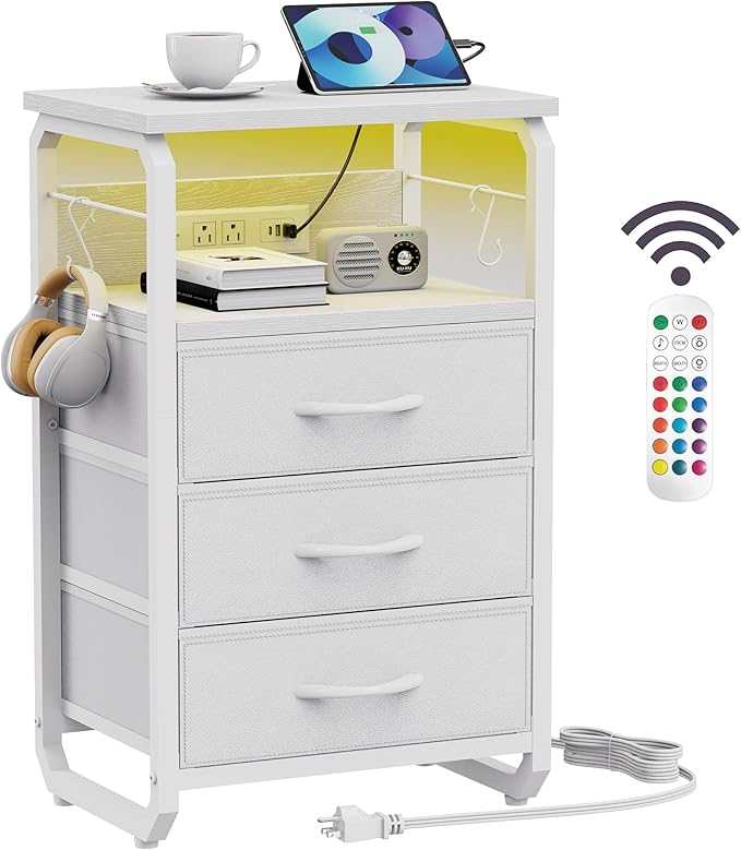 Bed Side Table with 3 Fabric Drawers, White Night Stand, LED Nightstand with Hooks, Bedside Table with Charging Station, End Table with Storage, Night Table for Living Room, Bedroom, Dorm