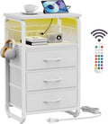 Bed Side Table with 3 Fabric Drawers, White Night Stand, LED Nightstand with Hooks, Bedside Table with Charging Station, End Table with Storage, Night Table for Living Room, Bedroom, Dorm