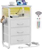 Bed Side Table with 3 Fabric Drawers, White Night Stand, LED Nightstand with Hooks, Bedside Table with Charging Station, End Table with Storage, Night Table for Living Room, Bedroom, Dorm