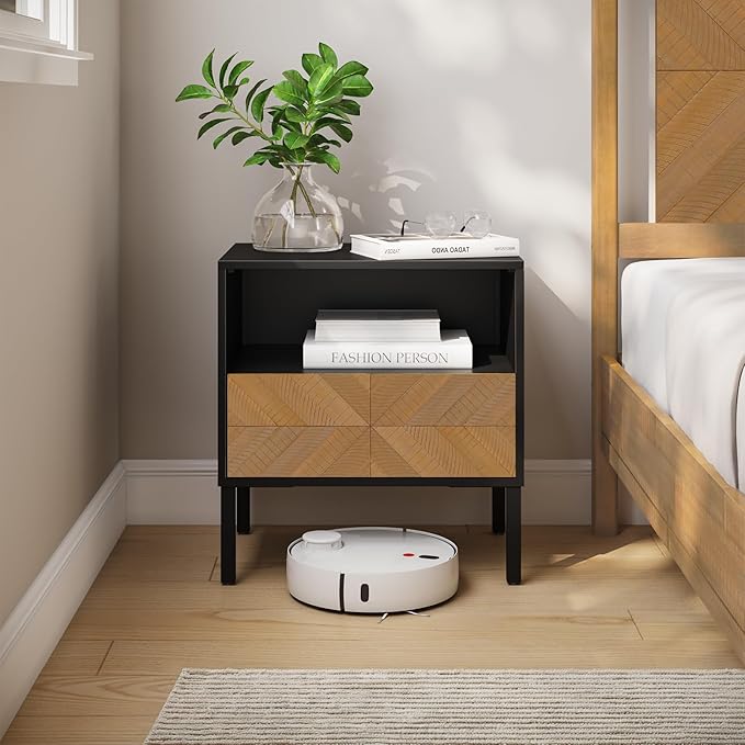Bme Vivian Solid Wood Nightstand, End Table, Bedside Table with Herringbone Pattern for Rustic Bedroom, Easy Assembly, Rustic Seadrift and Black