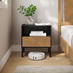 Bme Vivian Solid Wood Nightstand, End Table, Bedside Table with Herringbone Pattern for Rustic Bedroom, Easy Assembly, Rustic Seadrift and Black