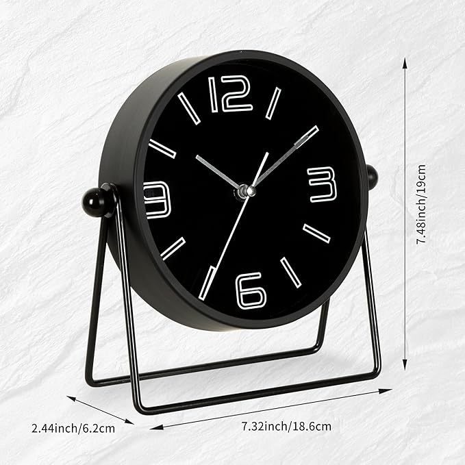 QIYAODECO® Vintage Metal Desk Clock for Bedroom, with Adjustable Angle Ticking Small, Battery Operated Mantel Bedside Clock, Decorative Table, Old Fashioned Style Black Decor, Adult Kid Gift, Black