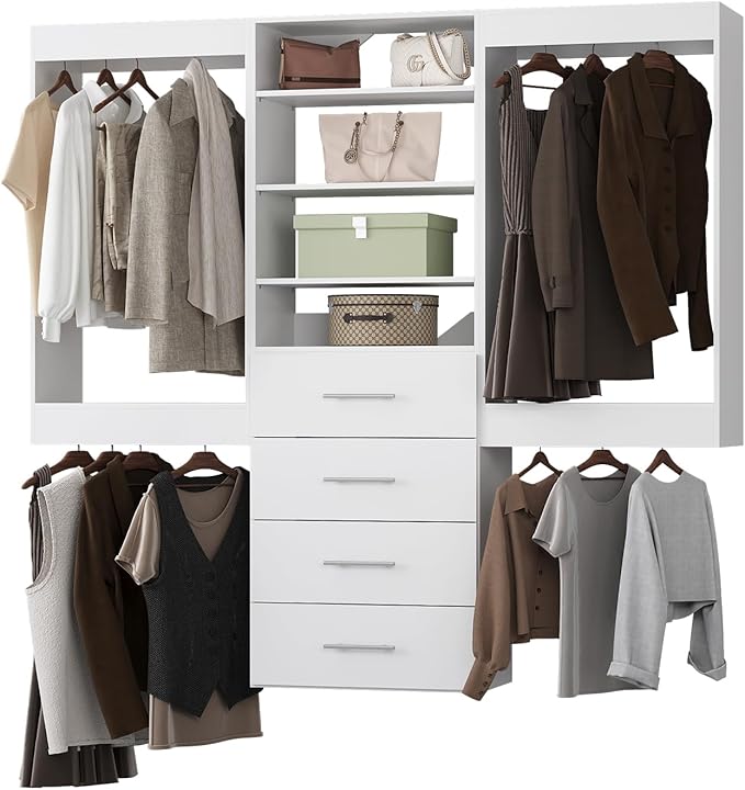 Modular Closet System, 84" Wide Closet Organizer System with Hanging and Drawers, Wood Tower Closet Storage for Walk In Closets, Wall Mounted Wardrobe Organizer Kit System, Bedroom, White