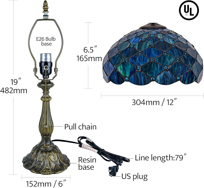 Tiffany Style Table Lamp Vintage Stained Glass Desk Lamp Sea Blue Pearls Bedside Reading Light Decor Bedroom Living Room Entry Home Office D12 xH18