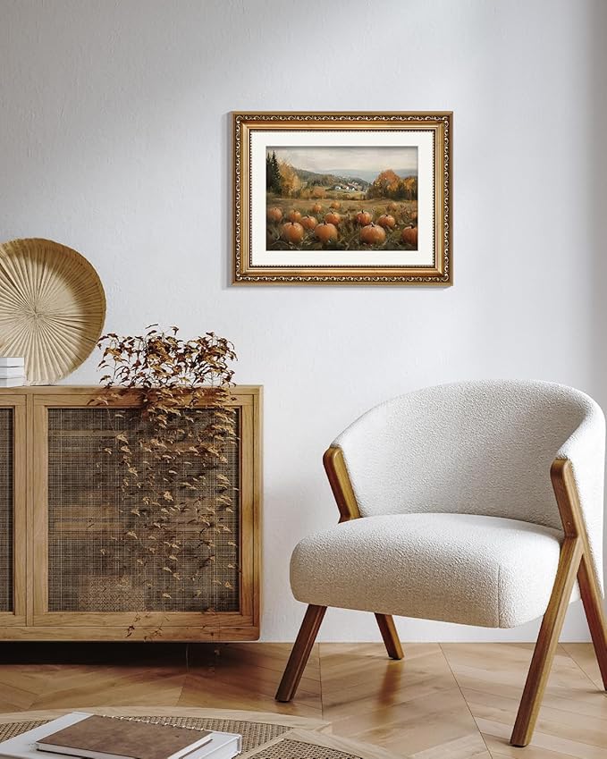 ARPEOTCY Vintage Gold Framed Wall Art Decor, 11x14 Inch Pumpkin Field Picture Artwork, Classical Farmhouse Fall Wall Art for Living Room Bedroom Study, Retro kitchen Autumn Decor Aesthetic
