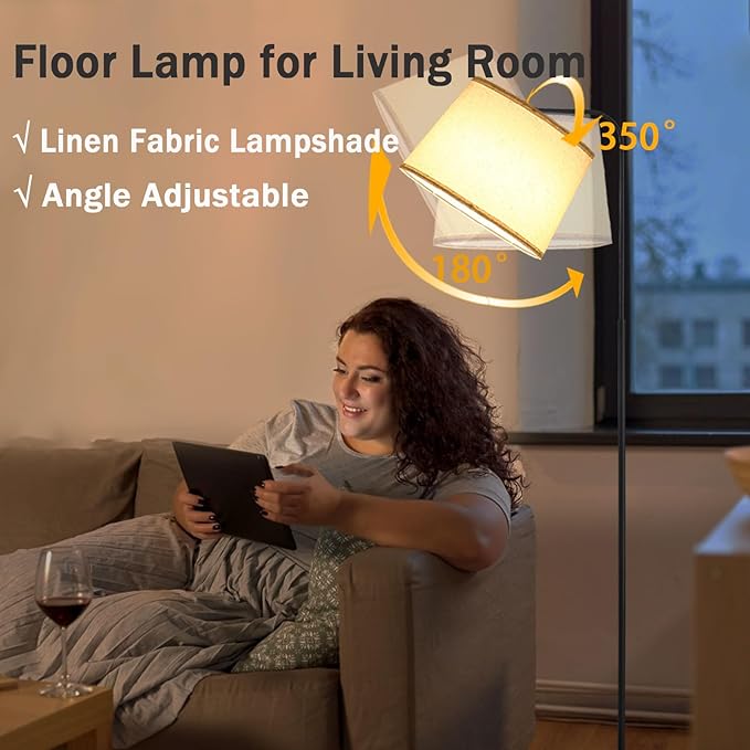 Arc Floor Lamps for Living Room, Modern Floor Lamp for Bedroom, Foot Pedal Control Standing Lamps with Adjustable Linen Lampshade, Tall Lamp with 9W Bulb for Office Reading Room Nursery (Black)