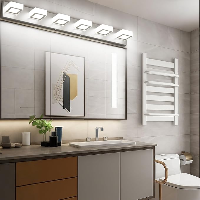 Ralbay 6-Light Brushed Nickel Bathroom Vanity Light Metal Acrylic Modern LED Bathroom Lighting Over Mirror
