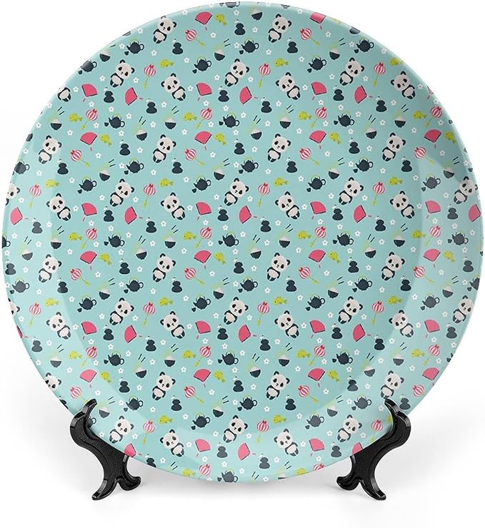 Decorative Plates, Asian Print Ornament, Panda Bears Koi Fishes Chopsticks Tea, 6 Inch, Kitchen Wall Decor, Multicolor