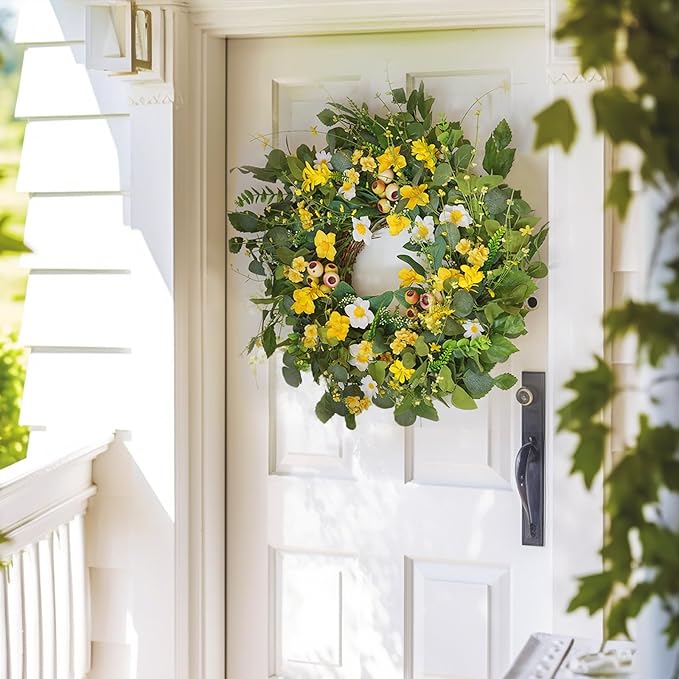 Spring Summer Wreath for Front Door, 23 inch Artificial Floral Wreaths with Green Leaves Daisy Realistic Berry Narcissus for Porch Patio Garden, Indoor Outdoor door Wall Decor Party Holiday Decoration