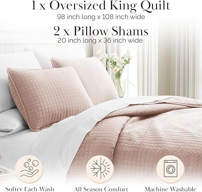 Southshore Fine Living, Inc. Oversized King Quilt Set, Stitched Blush Pink Quilt Bedspread, 2 Matching Pillow Shams, Machine Washable Cal/King Quilts, Hotel Quality Bedding, Cozy Coverlet, Blush