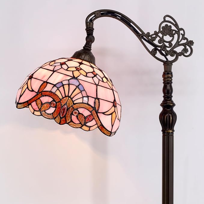 WERFACTORY Tiffany Floor Lamp Pink Baroque Stained Glass Arched Lamp 12X18X64 Inches Gooseneck Adjustable Corner Standing Reading Light Decor Bedroom Living Room S003P Series