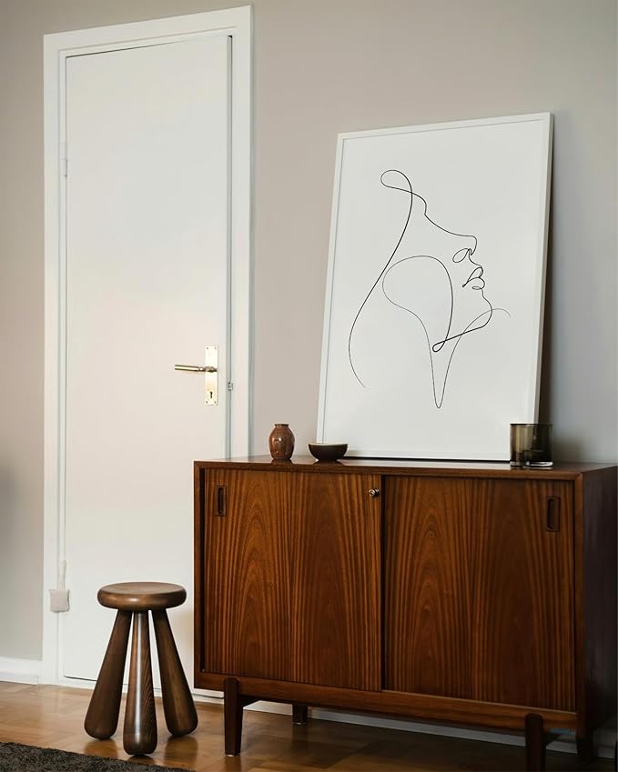 Minimalist Woman Profile Wall Art Upward Gaze Continuous Line Drawing Feminine Face 24x36 Inch Oak Wood White Framed Modern Aesthetic Print for Living Room