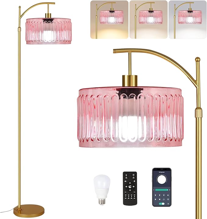 Pink Floor Lamp for Living Room,Bedroom,Gold Dimmable Standing Lamp with Remote,Mid Century Modern Brass Tall Lamp Boho Floor Lamps Arc Stained Glass Flower Floor Light Lamp Girls kids Bohemian