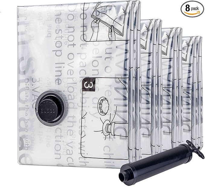 Vacuum Storage Bags 8 Combo, (2 Jumbo, 2 Large, 2 Medium, 2 Small) Space Saver Bags with Travel Hand Pump, Compression Airtight Sealer Bags for Clothes, Pillows, Comforters, Blankets
