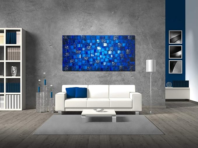 MyArton Thick Textured Abstract Squares Canvas Wall Art Hand Painted Artwork Modern Dark Blue add Silver Oil Painting for Home Decor Framed Ready to Hang 48x24inch