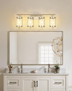 4-Light Brushed Nickel Bathroom Light Fixtures, 29 Inch Modern Bathroom Vanity Lighting Fixtures Over Mirror with Clear Glass and Metal Cage Wall Sconce Lights for Bath, E26, OS-3014BN-4W