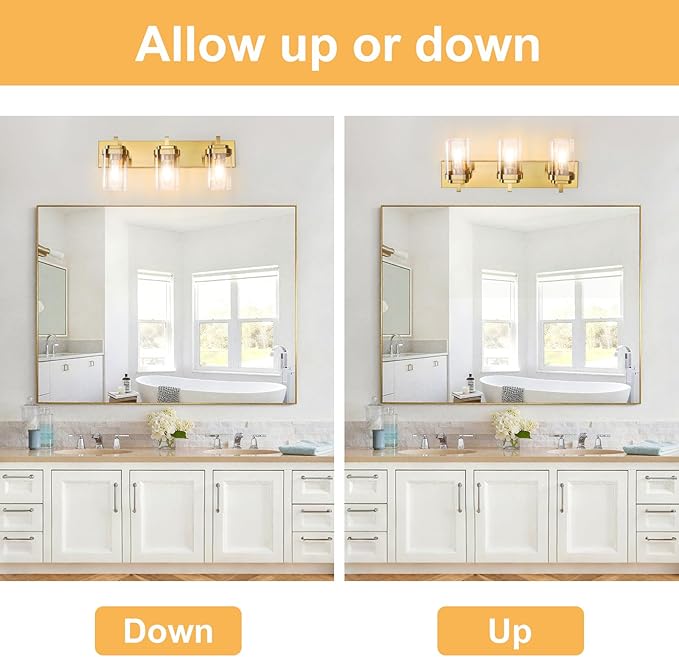 Vanity Light Fixture,3-Light Vanity Light for Bathroom,Brushed Gold Bathroom Vanity Lighting Over Mirror with Square Clear Glass Shade for Restroom