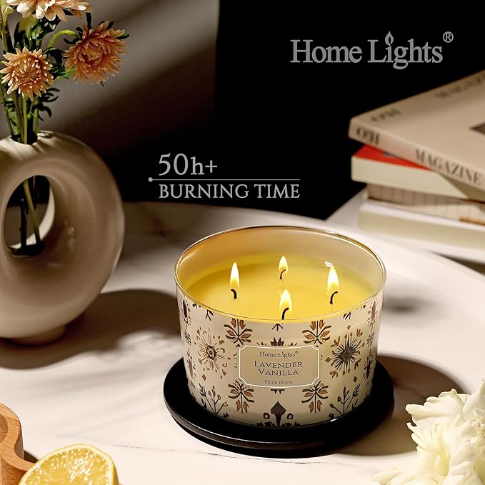 HomeLights Large jar Candle | 4-Wick Long-Lasting Scented Candles, 18oz Natural Soy Wax Candle for Home Scented, Bohemian Natural Textures Gifts for Women & Men, Lavender Vanilla