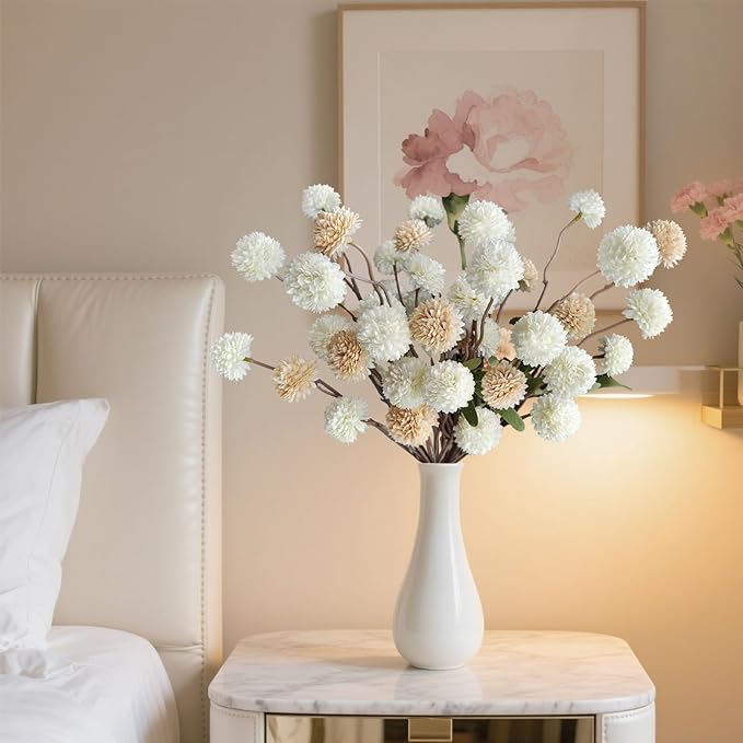 10 Pcs Fake Flowers, Artificial Mums With Long Stems, Faux Pompon Mums Floral Arrangement, 2 Mixed Colors Plastic Flowers Silk Dried Flowers Home Decor, Fall Decorations For Home Vase(No Vase)