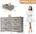 GAOMON Farmhouse 6 Double Drawers Dresser for Bedroom, 47.2'' Wide Chest of Drawer, Wooden Horizontal Dresser with Metal Handles and Stable Base, Modern Cabinet for Bedroom, Living Room, Grey