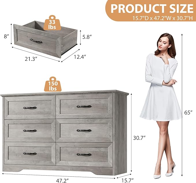 GAOMON Farmhouse 6 Double Drawers Dresser for Bedroom, 47.2'' Wide Chest of Drawer, Wooden Horizontal Dresser with Metal Handles and Stable Base, Modern Cabinet for Bedroom, Living Room, Grey
