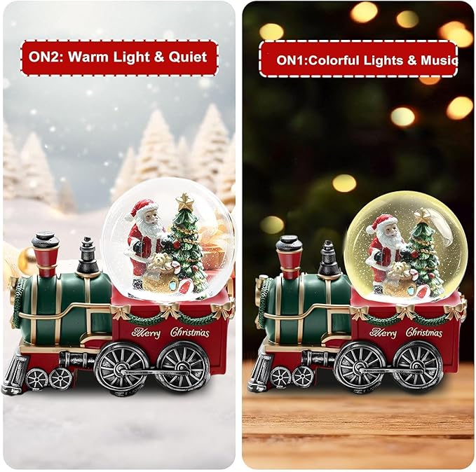 Christmas Snow Globe with Light up and Musical Snowflakes Holiday Decoration, 5.9 Inch Height Santa Claus Train Resin Snowglobe, Christmas Holiday Indoor Decor.