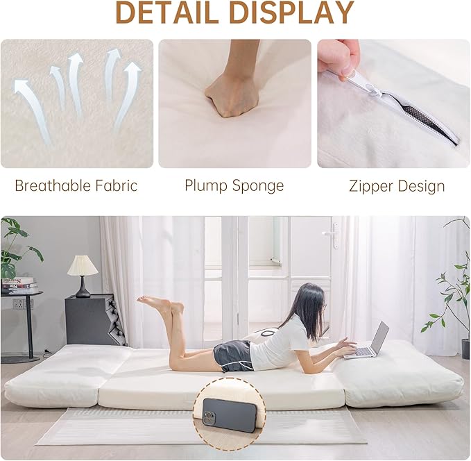Bean Bag Chairs for Adults,Folding Sofa Bed,Floor Couch Bed, Foam Filling Fold Floor Mattress with Washable Soft Faux Fur Cover, Leisure Floor Couch for Bedroom Living Room(Cream, Double)