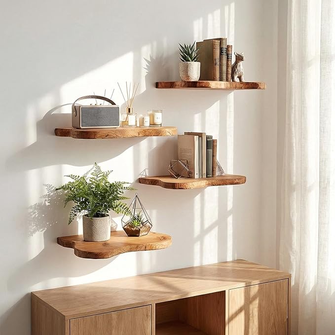 Pinkunn 4 Pcs Floating Shelves for Wall Wooden Live Edge Shelf Wall-Mounted Natural Solid Wood Bedroom Kitchen Storage Living Room Nursery Decor(4 Pcs,11.81/15.7 Inch)