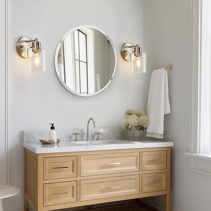 1-Light Bathroom Wall Sconce, Brushed Nickel Vanity Light, Modern Wall Light Fixture with Clear Glass Shade and Moisture and Rust Prevention, Wall Mount Light Fixtures for Mirror, Bedroom, Hallway