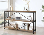 IBF 3 Tier Bookshelf Storage Organizer, Industrial Short Wide Open Horizontal Bookcase, Farmhouse Low Wood Metal Book Shelf for Office, Modern Vintage Etagere in Bedroom Living Room, Rustic Oak, 47 In