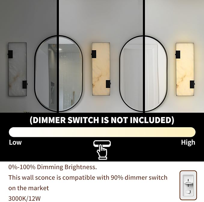 Modern Alabaster Wall Sconce 14.17” Black Frame with Natural Marble Shade Dimmable 3000K Warm Glow Light for Bedroom Hallway Bathroom Fireplace Staircase
